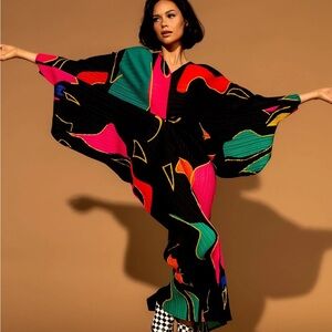Dressed in LALA Black Midi Dress with Pink, Green, Red & Orange Abstract Print